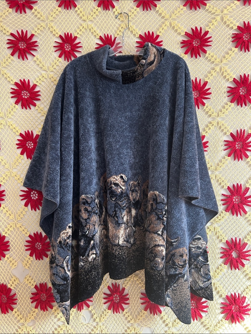 Charcoal Knit Dog Motif Poncho Sweater One Size